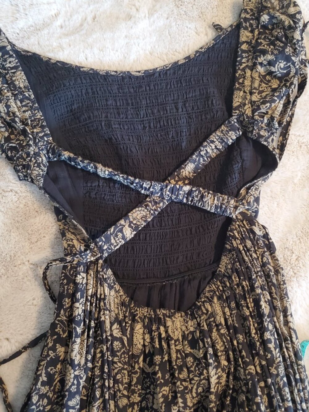 Free People Black Brown Floral Maxi Dress Boho Off Shoulder Open Back Cotton - Picture 6 of 16